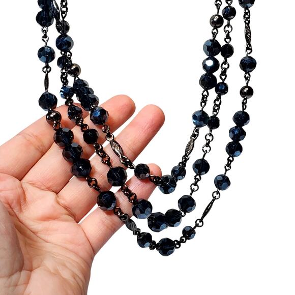 Lia Sophia Midnight Sky Dark Blue Beads AB Triple Strand Necklace 14" - Picture 2 of 6